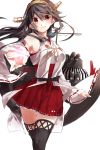  1girl bare_shoulders black_hair detached_sleeves hairband haruna_(kantai_collection) highres japanese_clothes kantai_collection long_hair machinery nontraditional_miko ragu_(myan_nyan) red_eyes red_skirt simple_background skirt smile solo striped thigh-highs turret white_background 
