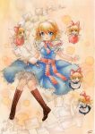  1girl alice_margatroid apron blonde_hair blue_dress blue_eyes book boots bow capelet cross-laced_footwear dress hair_bow hourai_doll mosho open_mouth puffy_short_sleeves puffy_sleeves red_dress sash shanghai_doll short_sleeves smile touhou traditional_media waist_apron watercolor_(medium) 