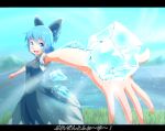  1girl blue_dress blue_eyes blue_hair blue_sky bow cirno commentary dress hair_bow ice ice_block ice_wings letterboxed looking_at_viewer open_mouth outstretched_arm outstretched_hand sky smile solo tenyunkel touhou translated wings 