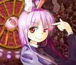  1girl animal_ears bust glowing glowing_eye long_hair long_sleeves moyazo necktie pointing pointing_at_self purple_hair rabbit_ears red_eyes reisen_udongein_inaba smile solo suit_jacket touhou uneven_eyes 