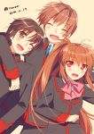  1girl 2boys brown_eyes brown_hair closed_eyes little_busters!! long_hair multiple_boys naoe_riki natsume_kyousuke natsume_rin one_eye_closed ponytail red_eyes short_hair touon 