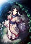  1girl absurdres ainu_clothes animal_ears blush brown_hair dog_ears eruruw full_body green_hair highres japanese_clothes long_hair looking_at_viewer looking_up smile solo standing tail ugume utawareru_mono water 