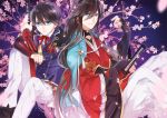  2boys black_hair blue_eyes cherry_blossoms flower horikawa_kunihiro izumi-no-kami_kanesada japanese_clothes katana kurisu_takumi multiple_boys sword touken_ranbu tree weapon 