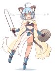  1girl ahoge animal_ears blue_eyes blue_hair blush cape cat_ears cat_tail fang highres mound_of_venus oota_yuuichi open_mouth original shield short_hair skirt smile solo sword tail weapon 