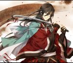  1boy black_hair blue_eyes haori izumi-no-kami_kanesada japanese_clothes katana ougi_kairi solo sword touken_ranbu weapon 