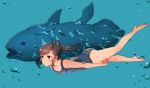  1girl ass bare_shoulders barefoot brown_eyes brown_hair coelacanth fish i-401_(kantai_collection) kantai_collection one-piece_swimsuit oniku_(oishii_oniku) ponytail school_swimsuit short_hair solo swimming swimsuit tan underwater 