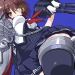  1girl brown_eyes brown_hair chain dd_(ijigendd) from_below furutaka_(kantai_collection) glowing glowing_eye heterochromia kantai_collection short_hair solo thigh-highs turret yellow_eyes 