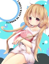  1girl blonde_hair brown_eyes futaba_anzu highres idolmaster idolmaster_cinderella_girls long_hair open_mouth pokonyan_(kuhina0110) solo stuffed_animal stuffed_bunny stuffed_toy twintails 