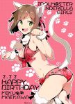  1girl :d animal_ears ass bikini breasts brown_hair cat_ears cat_tail cleavage fang front-tie_top green_eyes hair_ribbon happy_birthday idolmaster idolmaster_cinderella_girls leaning_forward maekawa_miku open_mouth paw_pose redrop ribbon smile solo swimsuit tail thigh-highs twitter_username white_legwear 