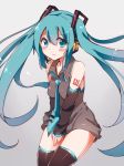  1girl black_legwear blue_eyes blue_hair blush boots detached_sleeves embarrassed hatsune_miku headset long_hair looking_at_viewer necktie sleeveless snowmi solo tattoo thigh-highs thigh_boots twintails very_long_hair vocaloid 