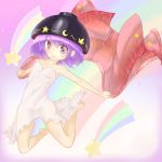  1girl armpits bare_arms bare_legs bare_shoulders barefoot bowl_hat camisole folded_leg gplnbeat gradient gradient_background highres holding_clothes jumping lingerie looking_at_viewer minigirl open_mouth purple_hair rainbow shooting_star short_hair small_breasts solo sukuna_shinmyoumaru touhou underwear violet_eyes 