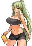  1girl blush breasts cleavage green_hair holding large_breasts long_hair midriff mound_of_venus navel original ponytail sachito simple_background solo sumi-chan_(sachito) tubetop very_long_hair white_background yellow_eyes 