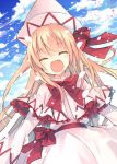  1girl blonde_hair blush bow capelet closed_eyes dress hat jpeg_artifacts lily_white long_hair open_mouth outdoors petals sky smile solo suzushiro_kurumi touhou very_long_hair wings 