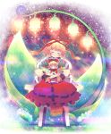  1girl blonde_hair blue_eyes bow chair closed_eyes fairy_wings flower glowing hair_bow hair_ribbon highres hug lily_of_the_valley medicine_melancholy puffy_short_sleeves puffy_sleeves ribbon shirt short_sleeves sitting sitting_on_lap sitting_on_person skirt smile su-san takahero touhou wings 