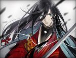  1boy black_hair blue_eyes izumi-no-kami_kanesada japanese_clothes katana long_hair solo sword tekla touken_ranbu weapon 