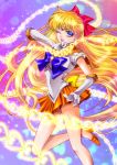  1girl abstract_background aino_minako bishoujo_senshi_sailor_moon blonde_hair blue_eyes bow chain choker earrings elbow_gloves glint gloves hair_bow half_updo heart high_heels highres jewelry long_hair looking_at_viewer magical_girl one_eye_closed open_mouth orange_skirt sailor_venus skirt solo sparkle standing standing_on_one_leg tiara tsukasaki_ryouko 