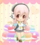 1girl blush breasts chibi headphones hoodie large_breasts long_hair looking_at_viewer macaron nitroplus pink_hair pom_pom_(clothes) red_eyes smile solo super_sonico 