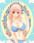  1girl bikini blush breasts cleavage headphones large_breasts long_hair looking_at_viewer navel nitroplus open_mouth pink_hair red_eyes smile solo super_sonico swimsuit v 
