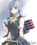  1girl aoi_rin_(miya1102) blue_eyes blue_hair dated gloves hatsukaze_(kantai_collection) kantai_collection long_hair machinery pleated_skirt signature sketch skirt solo torpedo uniform vest white_gloves 