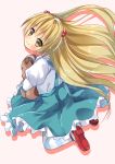  1girl asa_no_ha blonde_hair highres himeki_chifuyu inou-battle_wa_nichijou-kei_no_naka_de long_hair solo striped striped_legwear yellow_eyes 