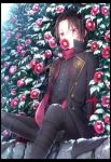  1boy flower kashuu_kiyomitsu long_hair mouth_hold ponytail red_eyes red_scarf scarf sitting snow solo touken_ranbu yuuna_minato 