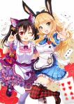  2girls animal_ears black_hair blonde_hair card cat_ears crossover green_eyes hoshii_miki idolmaster long_hair love_live!_school_idol_project multiple_girls one_eye_closed open_mouth playing_card rabbit_ears red_eyes smile thigh-highs twintails villyane yazawa_nico 