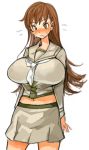  1girl arms_behind_back blush breasts brown_eyes brown_hair huge_breasts kantai_collection long_hair long_sleeves navel ooi_(kantai_collection) sachito school_uniform serafuku simple_background skirt solo sweat white_background 