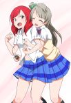  2girls arms_around_waist bangs blunt_bangs bow closed_eyes dress_shirt grey_hair hairi_bow kidachi long_hair love_live!_school_idol_project measuring minami_kotori multiple_girls nishikino_maki one_side_up open_mouth plaid plaid_skirt redhead school_uniform shirt short_hair skirt smile sweatdrop swept_bangs tape_measure vest violet_eyes 