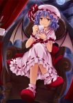  1girl bat_wings bow chair crossed_legs cup dress dutch_angle fang frilled_shirt_collar frilled_sleeves frills full_moon hat hat_ribbon holding indoors k-rumi looking_at_viewer mary_janes moon night night_sky pink_dress puffy_short_sleeves puffy_sleeves purple_hair red_bow red_eyes red_ribbon remilia_scarlet ribbon shoes short_hair short_sleeves sitting sky smile socks solo teacup touhou window wings wrist_cuffs 