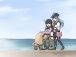  2girls ahoge black_hair blue_eyes hat hibiki_(kantai_collection) kantai_collection kantori long_hair multiple_girls ocean pantyhose school_uniform serafuku silver_hair skirt ushio_(kantai_collection) wheelchair 