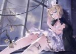  1girl bandages blonde_hair blue_eyes burnt_clothes clouds cloudy_sky comet_(teamon) crying dress hair_ornament hair_ribbon hairclip jacket jacket_on_shoulders kagamine_rin open_clothes open_jacket rain ribbon short_hair sitting sky solo vocaloid white_dress window windowsill 