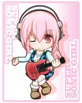  1girl blush breasts chibi electric_guitar guitar headphones instrument long_hair looking_at_viewer nitroplus one_eye_closed pink_eyes pink_hair ryo_the_speed6 smile solo super_sonico 