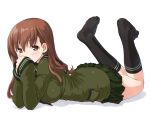 1girl brown_eyes brown_hair dd_(ijigendd) green_skirt kantai_collection long_hair lying on_stomach ooi_(kantai_collection) school_uniform serafuku simple_background skirt solo white_background 