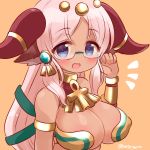  1girl ankh bespectacled blue_eyes blush breasts cleavage glasses hathor_(p&amp;d) large_breasts long_hair looking_at_viewer marshmallow_mille orange_background pink_hair puzzle_&amp;_dragons simple_background solo twitter_username 