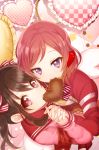  2girls armband black_hair character_name chocolate chocolate_heart fingernails from_above heart highres holding_hands interlocked_fingers kurono_kito looking_at_viewer love_live!_school_idol_project multiple_girls nail_polish nishikino_maki open_mouth red_eyes redhead ribbon short_hair short_twintails twintails valentine violet_eyes yazawa_nico 