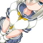  1girl black_legwear blue_eyes blush breast_squeeze breasts dd_(ijigendd) gloves hair_over_one_eye hamakaze_(kantai_collection) kantai_collection large_breasts looking_at_viewer pantyhose pleated_skirt school_uniform serafuku short_hair silver_hair skirt solo white_gloves 