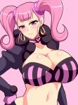  1girl blush breasts captain_earth cleavage garter_straps hand_on_hip large_breasts long_hair looking_at_viewer glasses_man midriff moco_(captain_earth) pink_eyes pink_hair smile solo twintails 