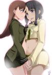  2girls bangs black_hair blunt_bangs blush braid brown_eyes brown_hair eye_contact face-to-face forehead-to-forehead highres hime_cut holding_hands interlocked_fingers kantai_collection kitakami_(kantai_collection) long_hair looking_at_another midriff multiple_girls navel ooi_(kantai_collection) open_clothes open_mouth open_shirt payot school_uniform serafuku skirt smile vyowolf yuri 
