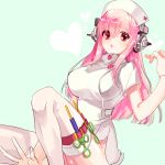  1girl :o breasts hat headphones large_breasts long_hair looking_at_viewer nitroplus no_panties nurse nurse_cap open_mouth pink_hair platina77 red_eyes solo star super_sonico syringe thigh-highs 