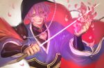  1boy blue_eyes cloak flower hood japanese_clothes kasen_kanesada katana purple_hair short_hair solo sword touken_ranbu weapon zbxx 