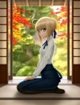  1girl ahoge black_legwear blonde_hair blouse fate/stay_night fate_(series) green_eyes highres leaf looking_at_viewer maple_leaf pantyhose saber seiza short_hair siraha sitting skirt solo tree 