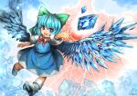  1girl blue_dress blue_eyes blue_hair bow cirno dress hair_bow ice ice_wings open_mouth puffy_short_sleeves puffy_sleeves shirt short_sleeves smile solo touhou umigarasu_(kitsune1963) wings 