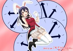  1girl animal_ears blue_hair blush bow brown_eyes earrings gloves jewelry korekara_no_someday long_hair love_live!_school_idol_project rabbit_ears shorts sonoda_umi thigh-highs white_gloves white_legwear 