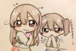  2girls akagi_(kantai_collection) brown_eyes brown_hair closed_mouth commentary_request food food_on_face hair_between_eyes hands_on_own_face hishimochi jakoo21 kaga_(kantai_collection) kantai_collection long_hair multiple_girls muneate short_sleeves side_ponytail simple_background translation_request twitter_username 