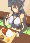  absurdres artist_request black_hair curry food gloves hairband headgear highres kantai_collection long_hair nagato_(kantai_collection) red_eyes spoon sweat table 