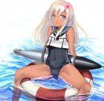  1girl blonde_hair blue_eyes crop_top eko flower hair_flower hair_ornament innertube kantai_collection long_hair looking_at_viewer neckerchief no_pants open_mouth ro-500_(kantai_collection) school_swimsuit school_uniform serafuku sitting smile solo spread_legs swimsuit swimsuit_under_clothes tan tanline torpedo water wet 