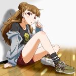  :o blush braid brown_hair camouflage earphones earphones hachikou_p hair_bun highres idolmaster idolmaster_cinderella_girls kamiya_nao legs long_hair off_shoulder red_eyes shoes shorts sitting sleeves_past_wrists smiley_face sneakers socks t-shirt 