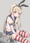  1girl blonde_hair chikuwa. elbow_gloves gloves kantai_collection long_hair looking_at_viewer shimakaze_(kantai_collection) striped striped_legwear thigh-highs white_gloves 