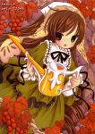  1girl black_ribbon brown_hair dress food frills fruit grapes green_dress green_eyes hat heterochromia holding lace-trimmed_ribbon long_hair looking_at_viewer neck_ribbon open_mouth peloli plant red_eyes ribbon rozen_maiden solo suiseiseki very_long_hair watering_can white_hat 