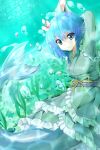  1girl arms_up blue_eyes blue_hair bow bubble dress flower frills green_dress hair_flower hair_ornament head_fins japanese_clothes long_sleeves looking_at_viewer mermaid monster_girl obi parted_lips petals sash shiron_(e1na1e2lu2ne3ru3) short_hair solo touhou underwater wakasagihime 
